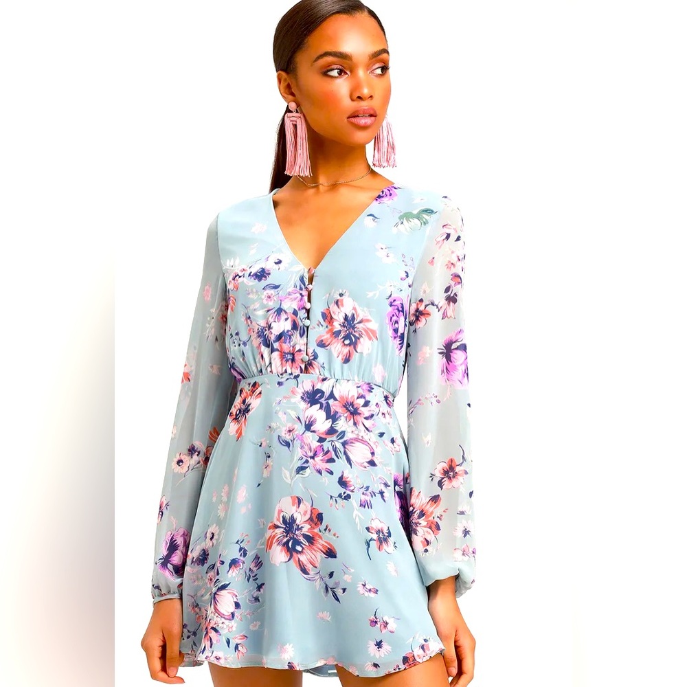 Lulu’s Always Yours Light Blue Floral Print Long Sleeve Skater Dress